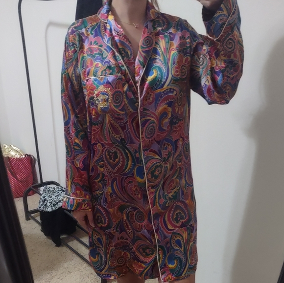 Aldofo kaleidoscope 80s 90s Paisley silky button down night shirt S/m - Picture 2 of 9